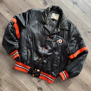 Vtg Philadelphia Flyers by Shain black satin varsity letterman bomber jacket / S